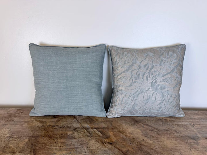 Fortuny Cotton Damask Throw Pillows, Venetian Floral Motif, Aqua & Silver Pair