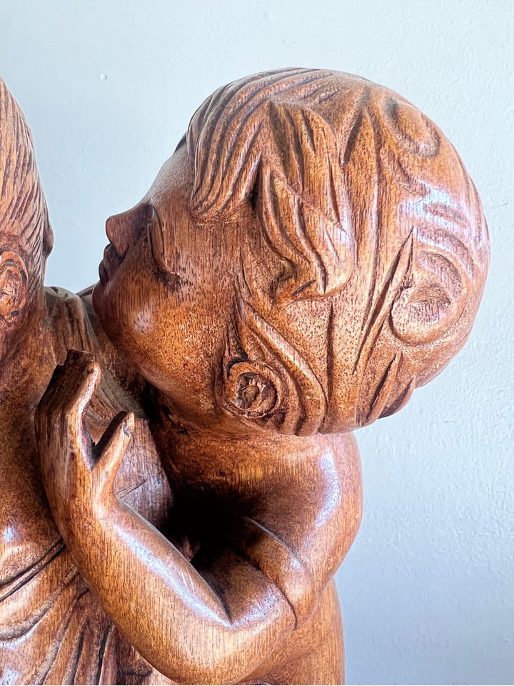 French Walnut Carved Figuritive Sculpture of Boy & Girl