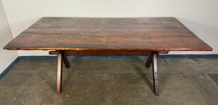 Rustic Trestle Dining Table with Handcrafted Plank Top, Mid-20th Century