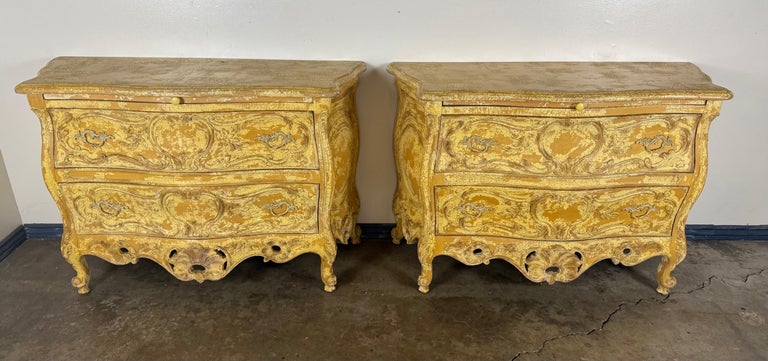 Pair of Louis XV–Style Painted Bombe Commodes with Carved Rococo Ornament