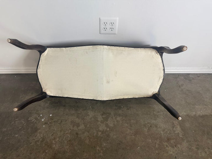 French Louis XV Style Carved Bench with Distressed Leather Upholstery