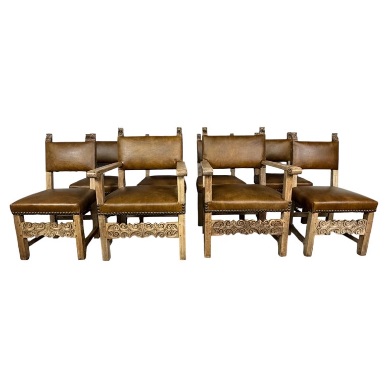 Set of Eight Spanish Colonial Leather Dining Chairs