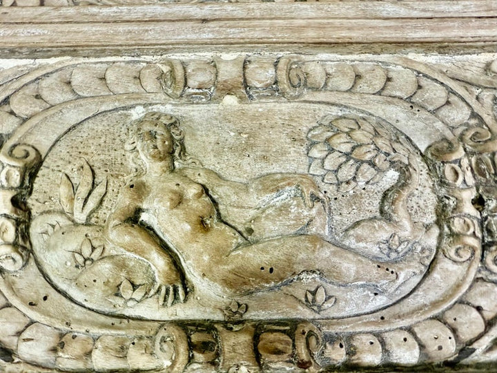 Italian Carved Linen Headboard w/ Antique Panel