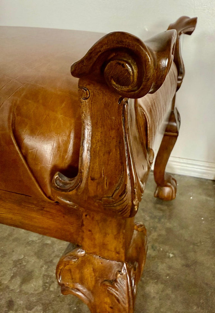 Pair of Spanish Revival Embossed Leather Benches
