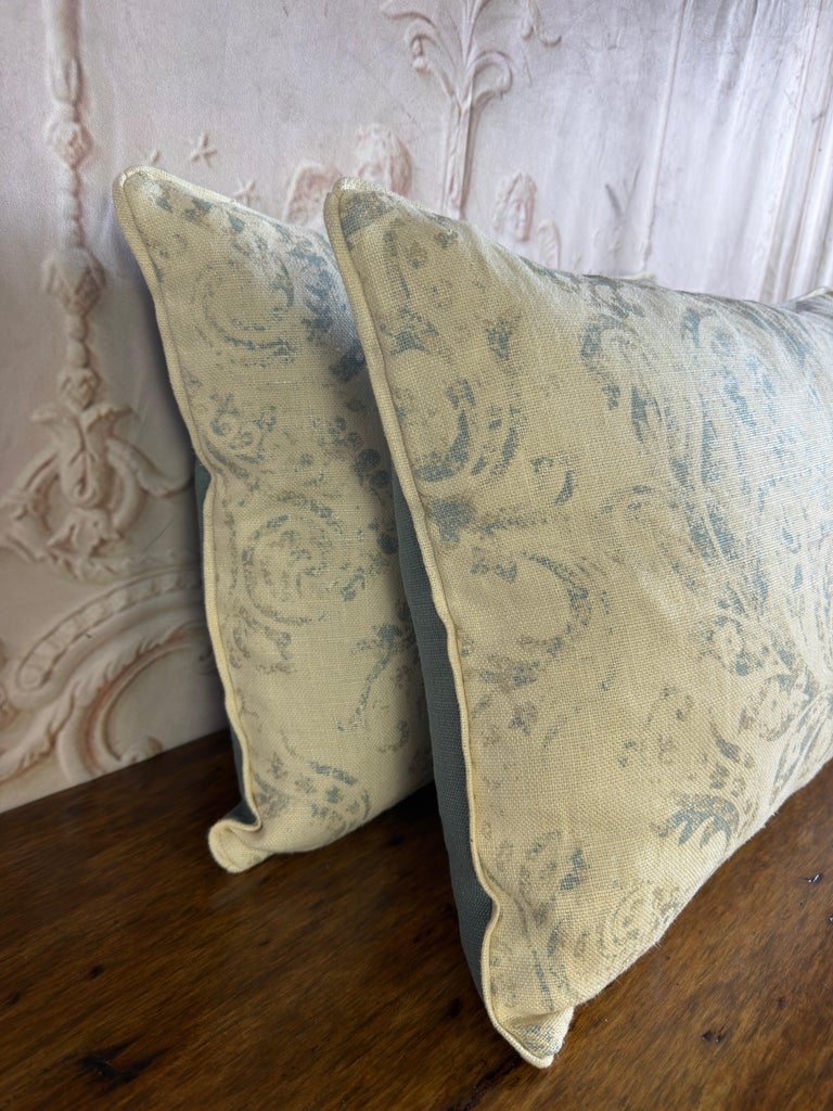 Pair of Custom Printed Linen Lumbar Pillows in Faded Aqua Baroque Damask