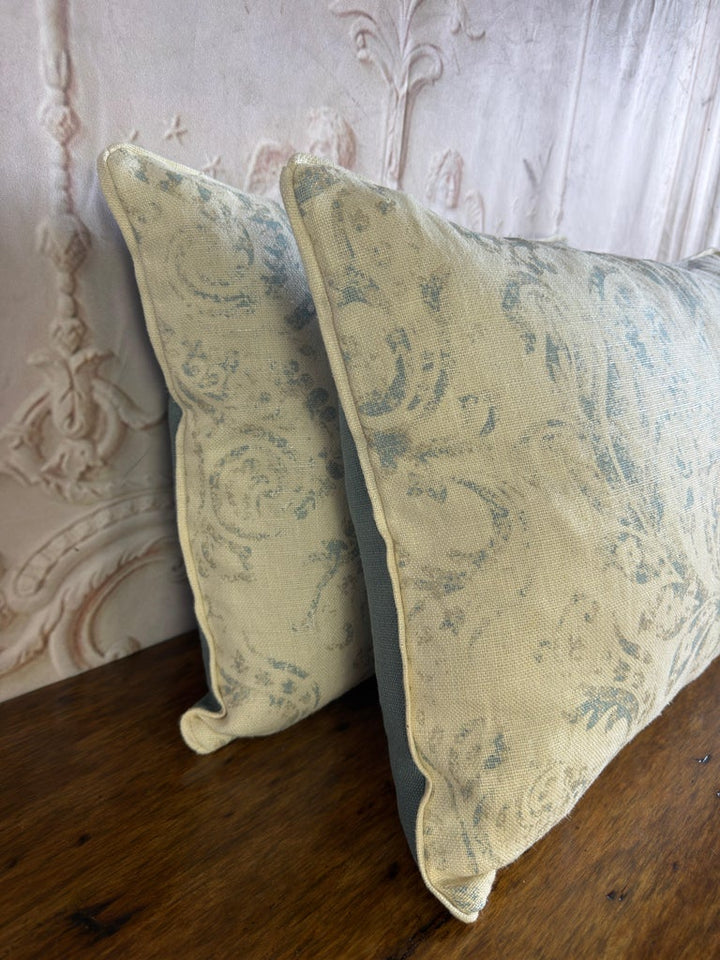 Pair of Custom Printed Linen Lumbar Pillows in Faded Aqua Baroque Damask
