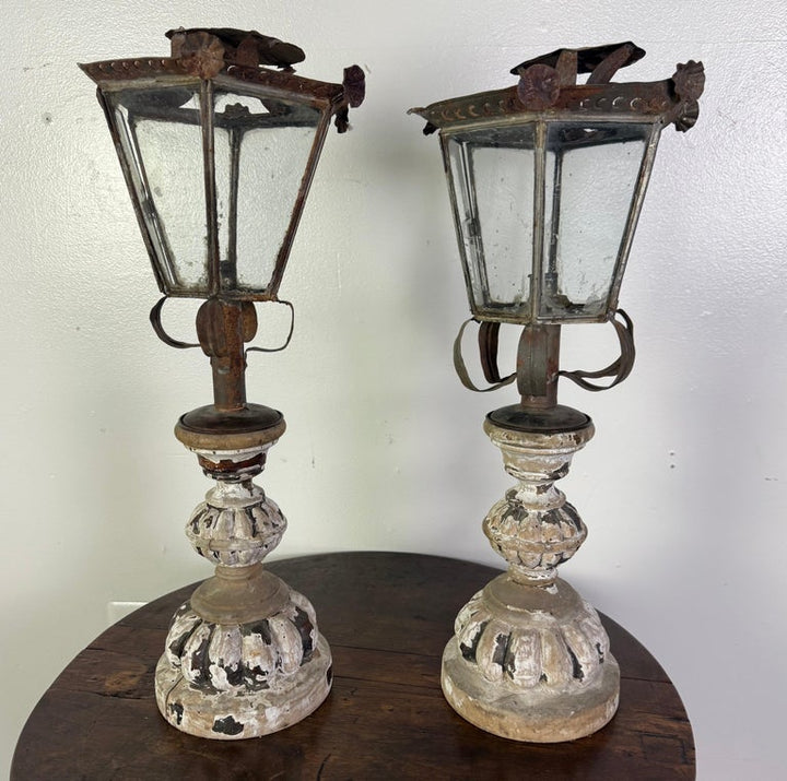 Pair of 19th Century Italian Lanterns with Carved and Painted Bases