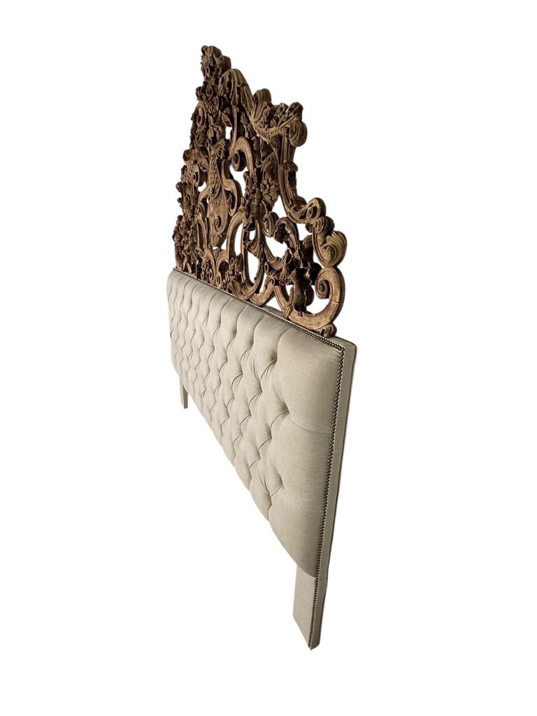 Ornate Carved Wood and Upholstered Headboard
