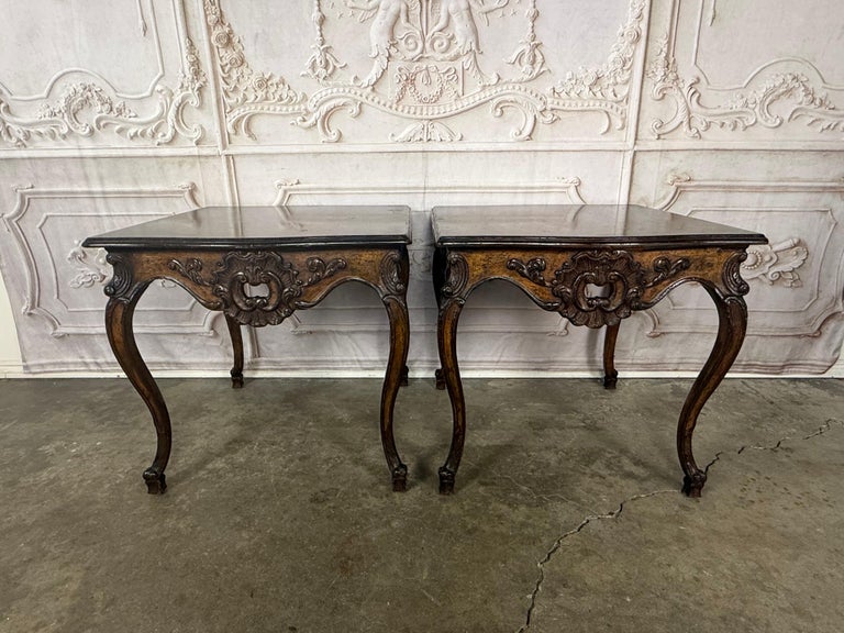 Pair of Louis XV Side Tables, Burl Walnut, Hand-Carved, Circa 1920s