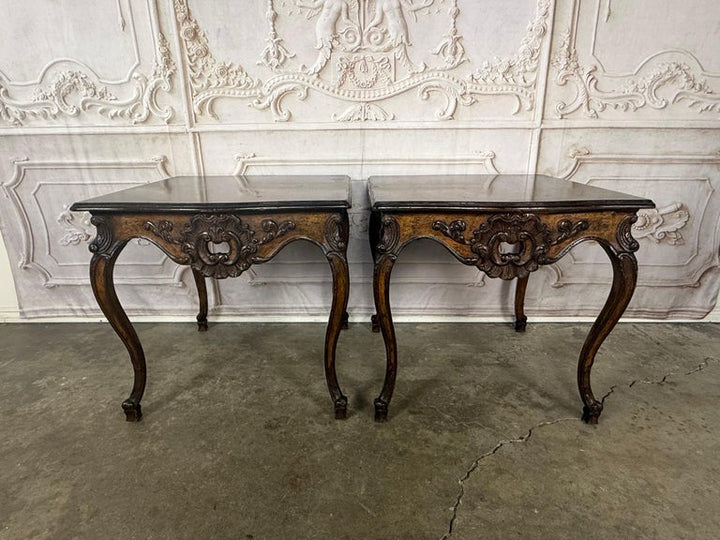 Pair of Louis XV Side Tables, Burl Walnut, Hand-Carved, Circa 1920s