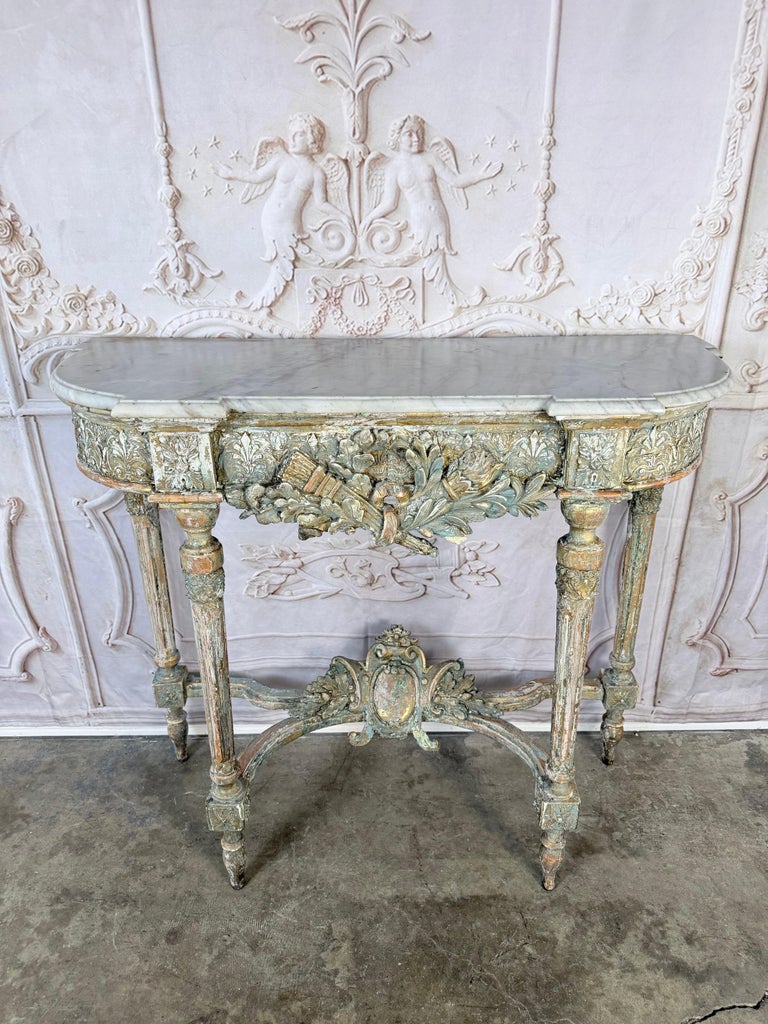 French Louis XVI Painted Gesso & Giltwood Console Table with Shaped Marble Top