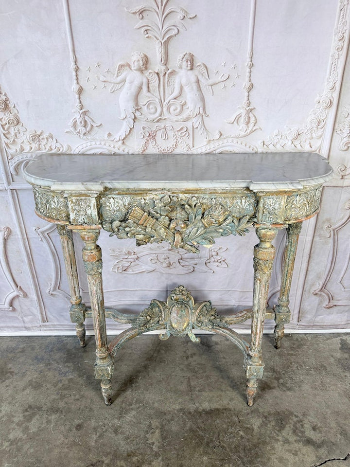French Louis XVI Painted Gesso & Giltwood Console Table with Shaped Marble Top