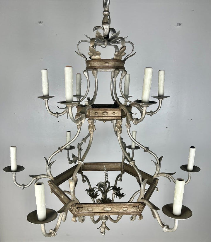 Monumental Two-Tiered 12-Light Silvered Chandelier w/ Crown