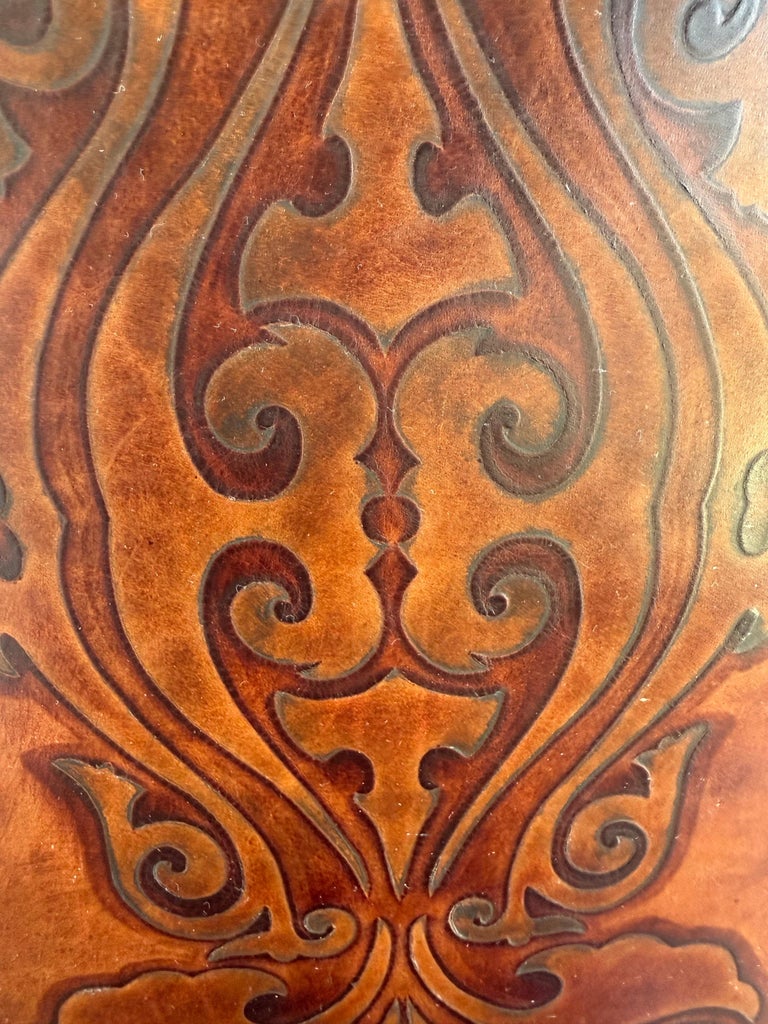 Set of Eight Spanish Revival Leather and Carved Walnut Dining Chairs