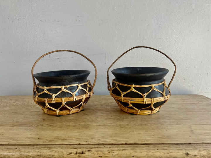 Pair of Antique Nigerian Nupe Clay Pots w/ Rattan Handles