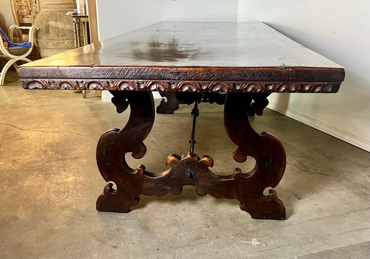 19th Century Italian Walnut Dining Table w/ Iron Stretcher