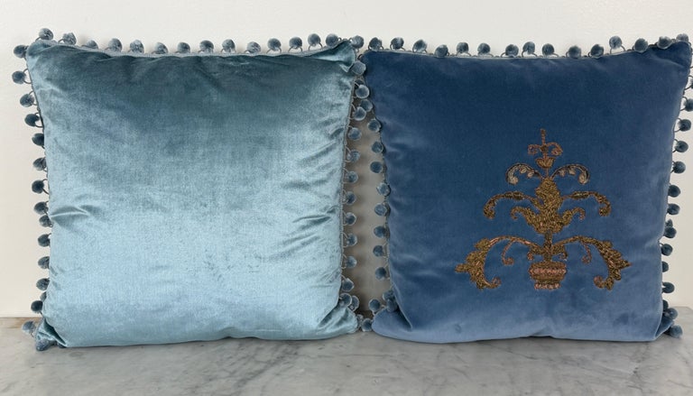 Pair 19th Century French Metallic Applique - Hand-Embroidered Velvet Pillows