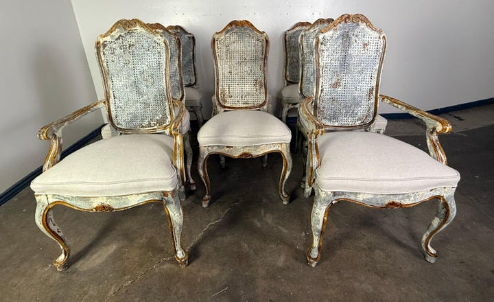 Set of 8 Distressed French Louis XV Style Dining Chairs with Cane Backs