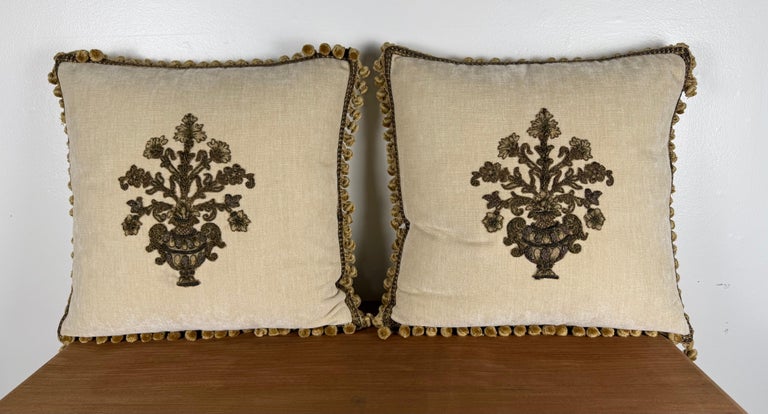 Pair of Custom Velvet Pillows with 19th-Century French Metallic Appliqués