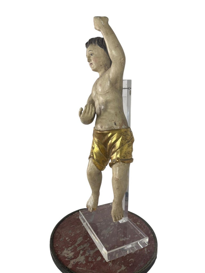 19th Century Carved Polychrome and Giltwood Statue of a Putti
