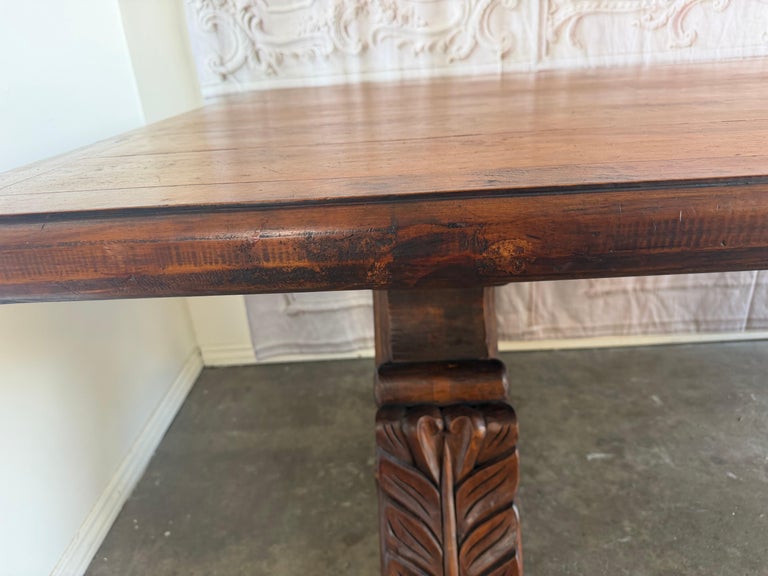 Spanish Colonial Revival Walnut Dining Table with Hand-Carved Scrollo