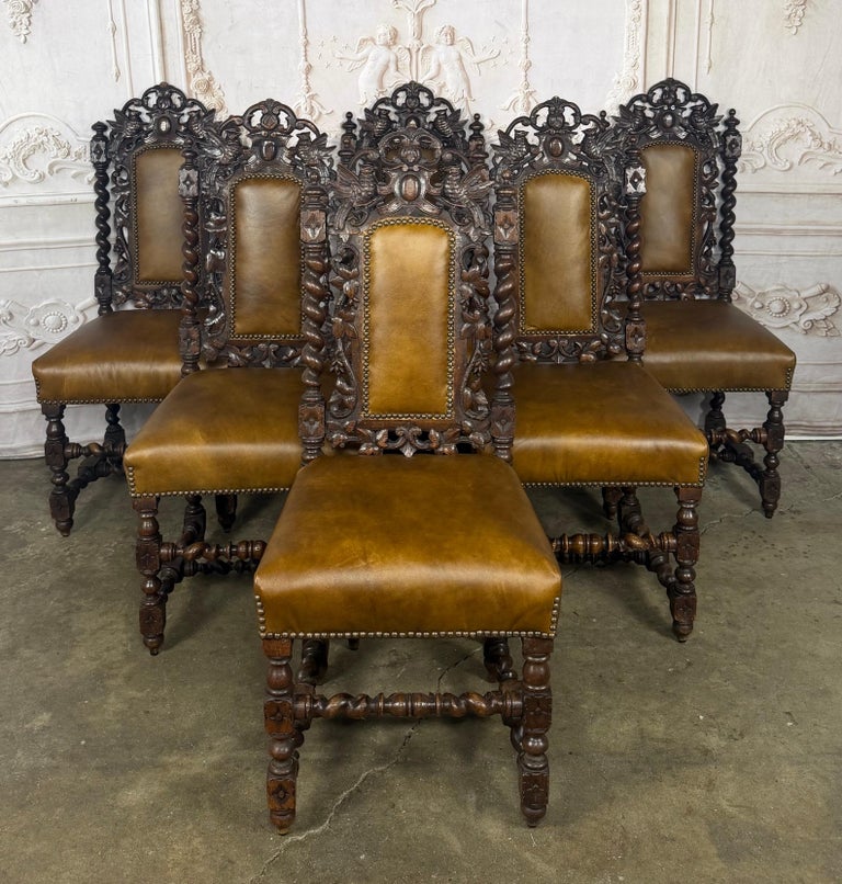Set of 6 Antique Jacobean Hunt Chairs in Heavily Carved Oak with Cognac Leather