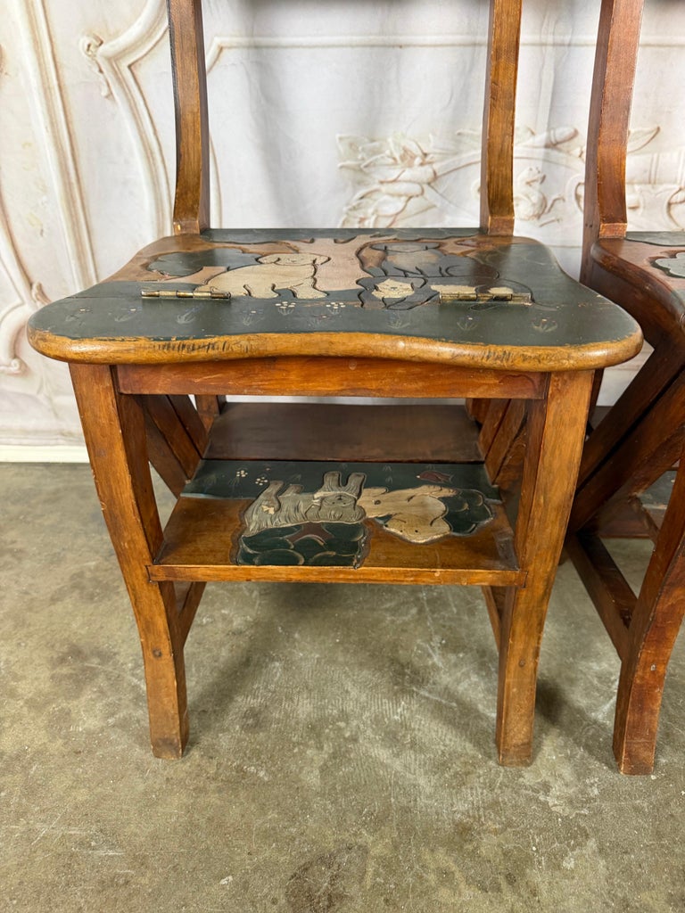 Pair of Hand-Painted Convertible Library Step Ladder Chairs with Dog Motif
