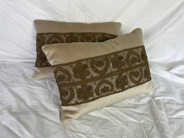 Pair of Metallic Lace & Velvet Pillows