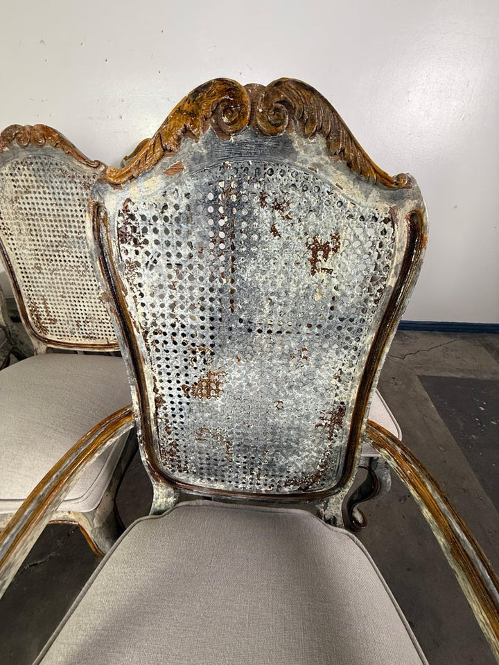 Set of 8 Distressed French Louis XV Style Dining Chairs with Cane Backs