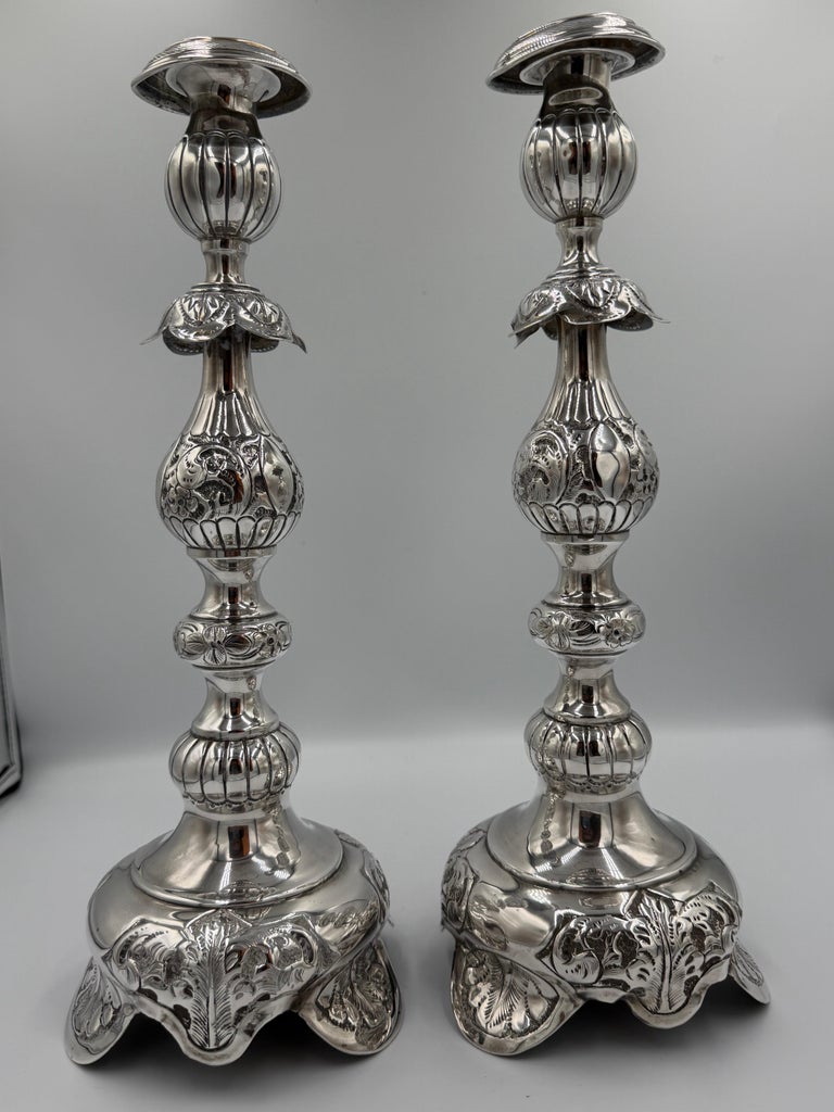 Pair of Antique Sterling Silver Baroque Revival Candlesticks with Repoussé
