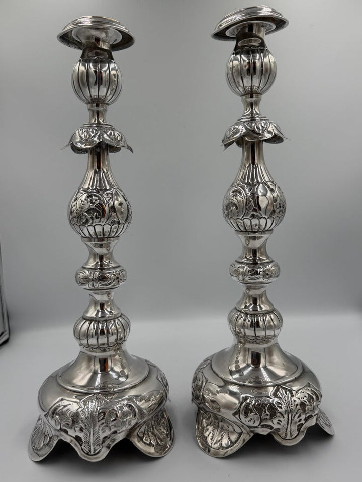 Pair of Antique Sterling Silver Baroque Revival Candlesticks with Repoussé