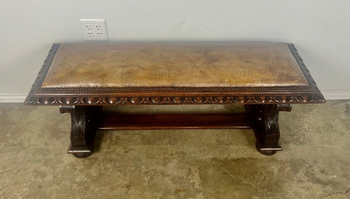 Leather Upholstered English Bench w/ Egg & Dart Detail