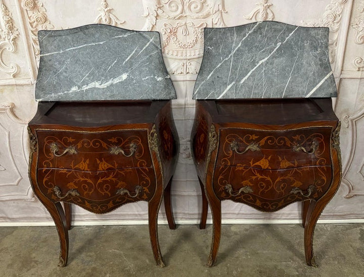 Pair of French Louis XV Style Bombe Nightstands - with Marble Tops
