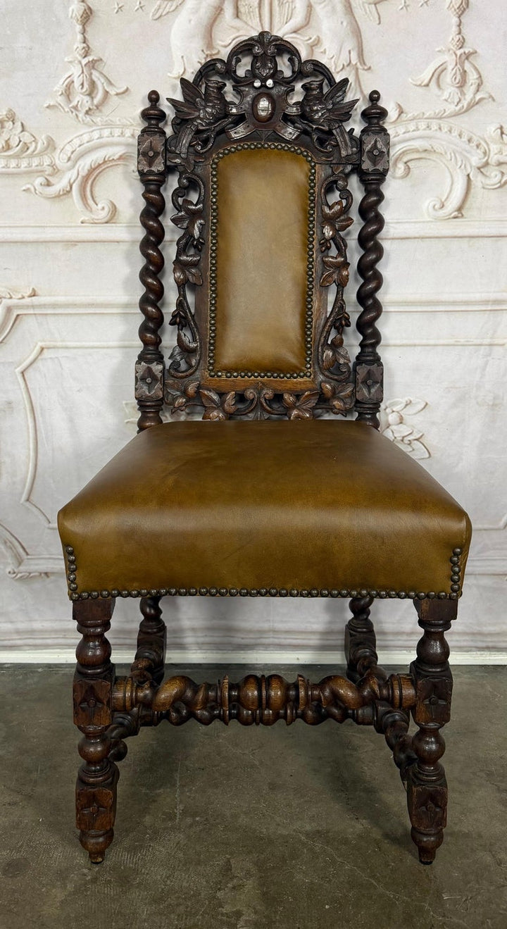Set of 6 Antique Jacobean Hunt Chairs in Heavily Carved Oak with Cognac Leather