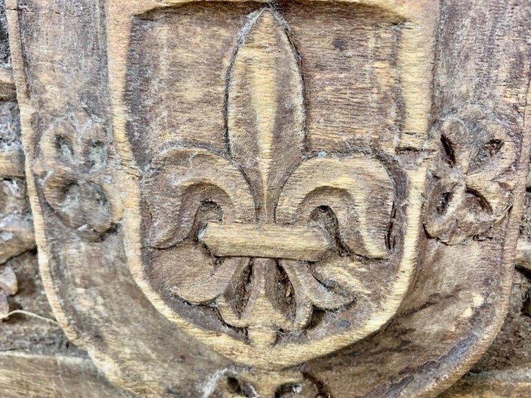 Monumental Spanish Carved Wood Bench with Linen Upholstery
