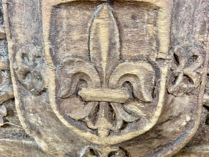 Monumental Spanish Carved Wood Bench with Linen Upholstery