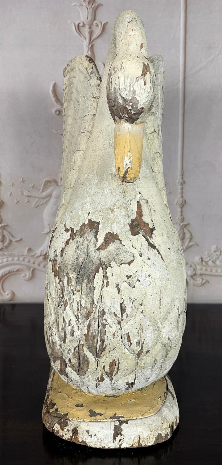 Large Antique Folk Art Carved Wood Swan - Original White Patina