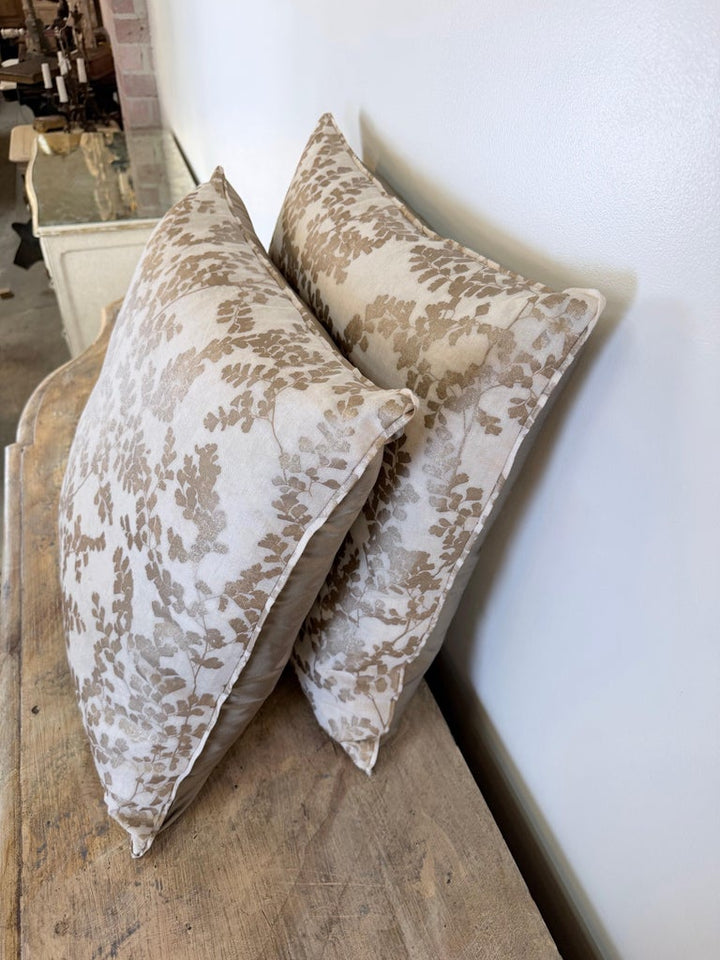Pair of Custom White Pillows w/ Fern Botanical Design