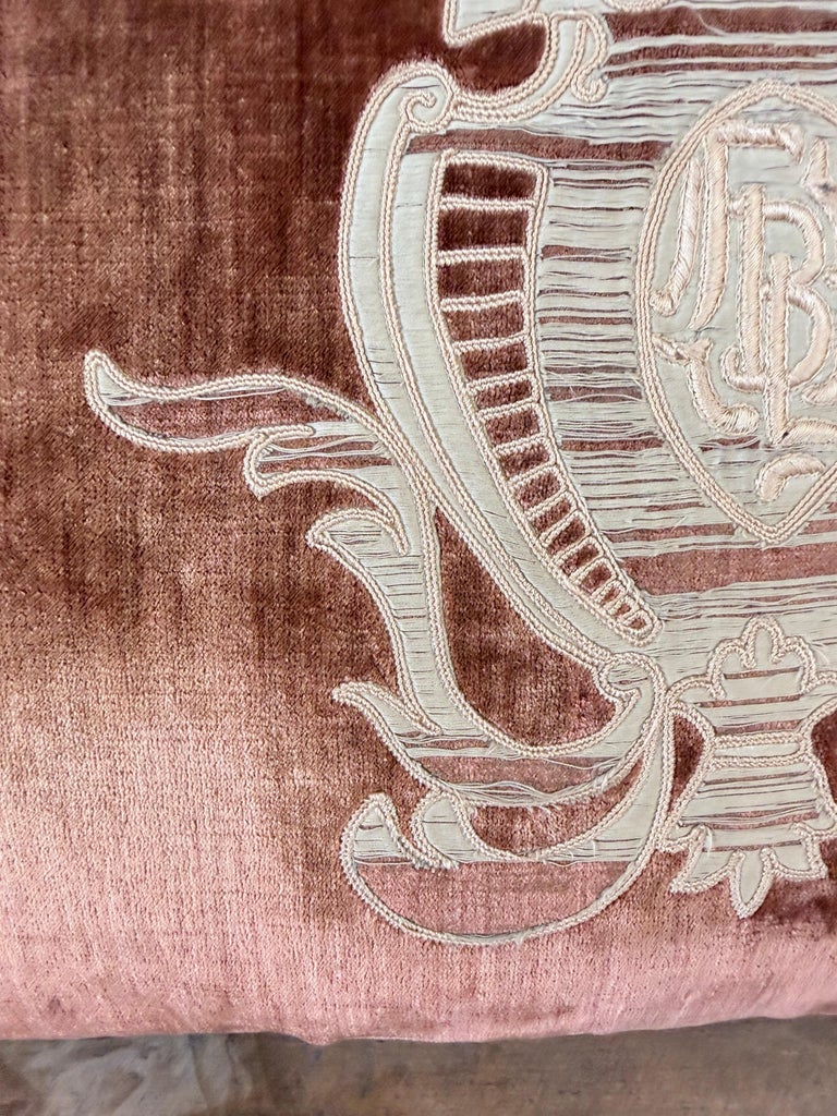 French Neoclassical-Style Embroidered monogram Velvet Lumbar Pillow