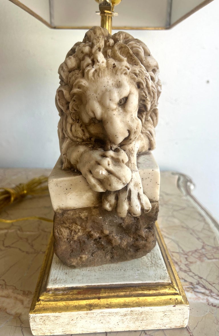 Pair of Italian Carved Stone Lion Lamps with Parchment Shades