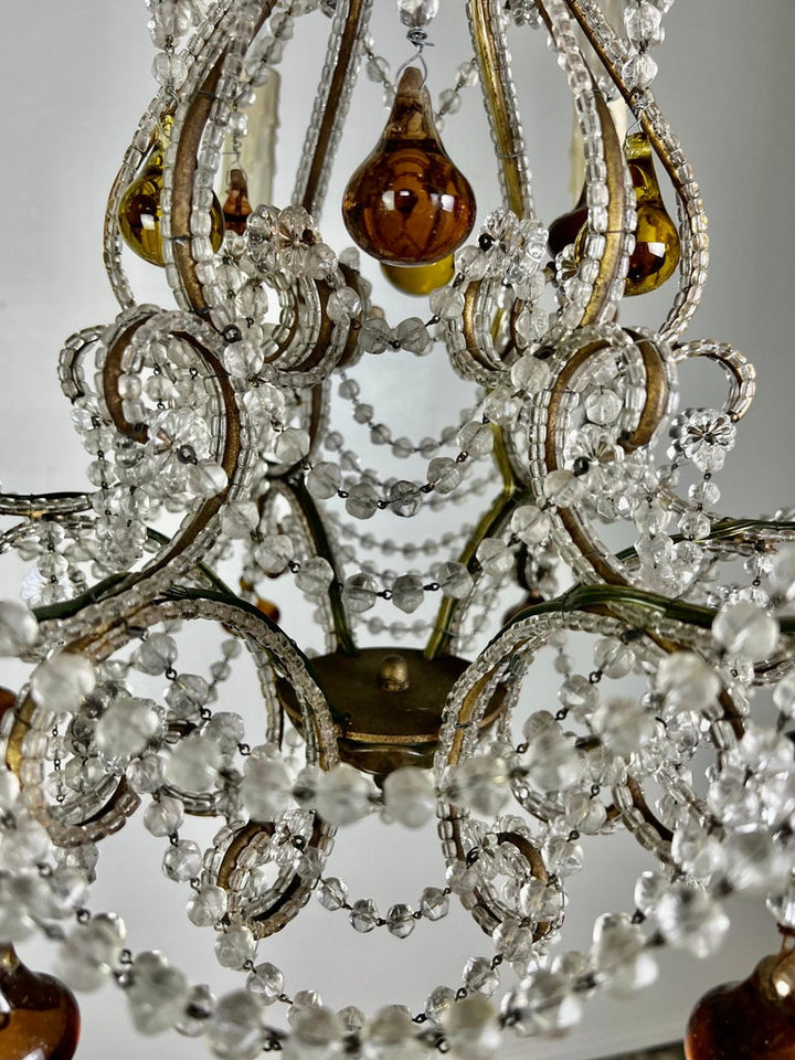 French Crystal Beaded Chandelier W/ Amber Drops, circa 1930