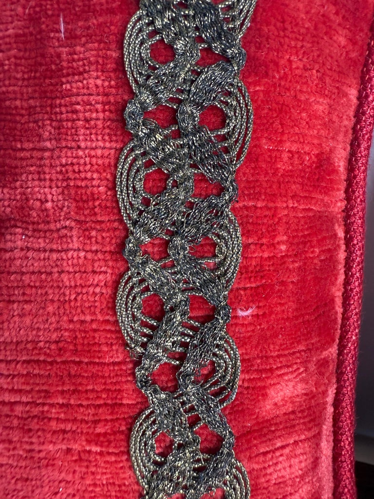 Pair of Petite Red Velvet Pillows with 19th-Century Metallic Appliqués