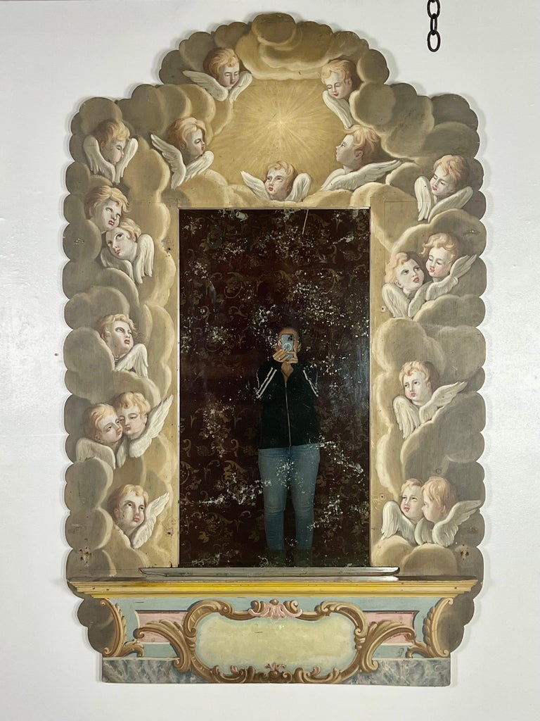 19th Century Italian Hand Painted Mirror with Winged Angels