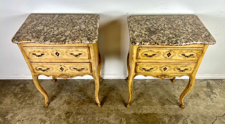 Pair of French End Table w/ Drawers and Granite Tops C. 1930's