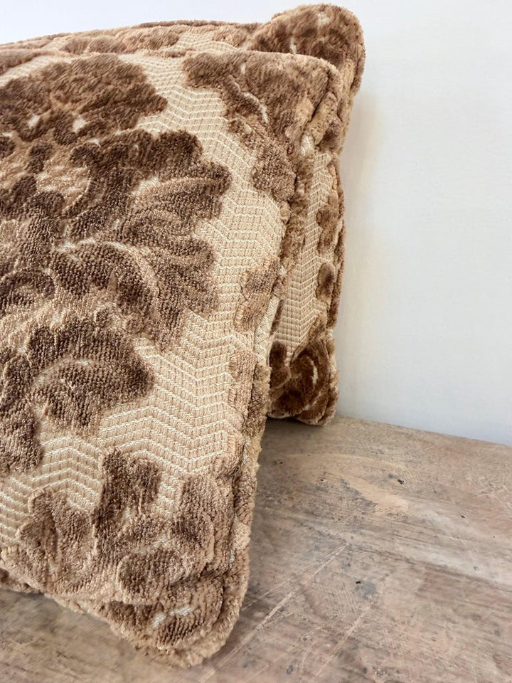Pair of Cut Velvet Lumbar Pillows, Taupe-Brown Damask, Antique Style