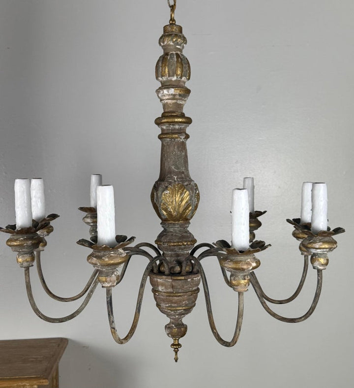 Antique Italian Giltwood and Iron Six-Light Chandelier