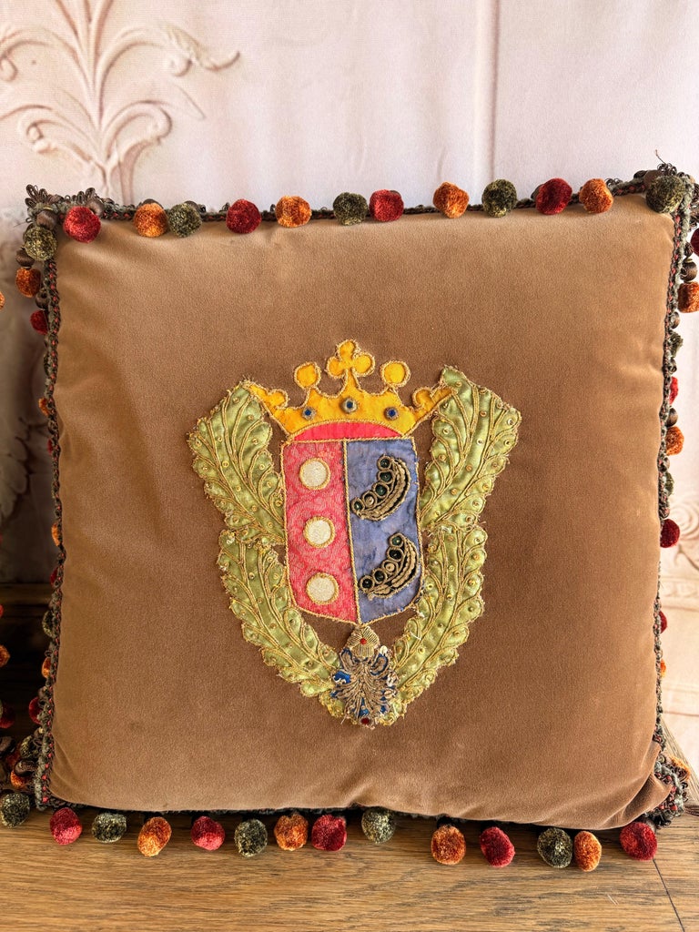 Pair of Velvet Pillows with 19th Century Metallic & Silk Embroidered Crests