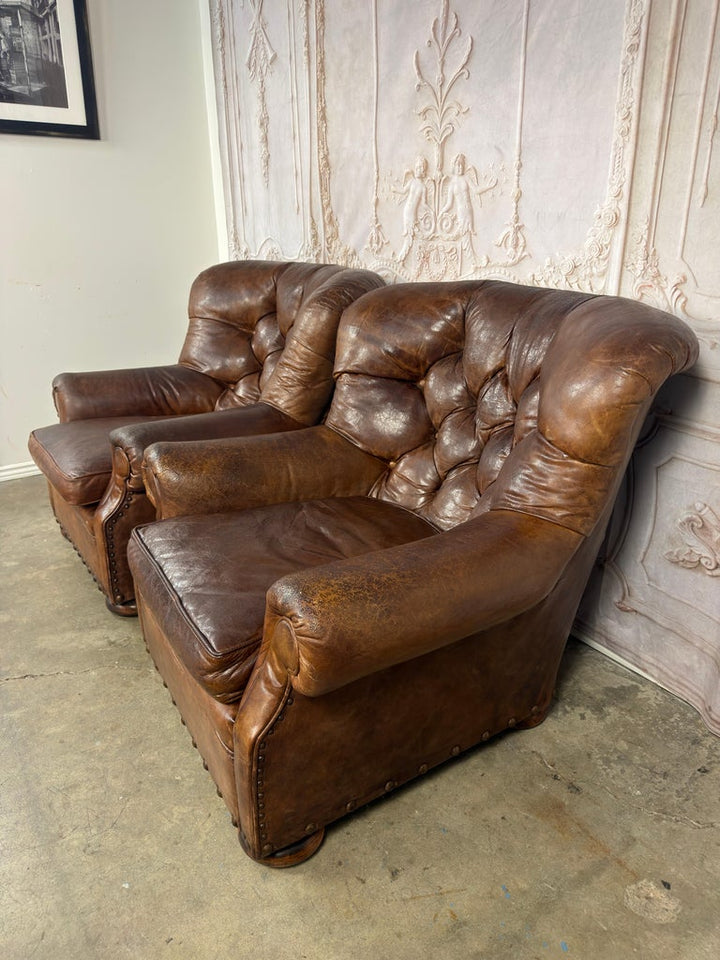 Pair of English Library Club Chairs in Hand-Finished Cognac Leather