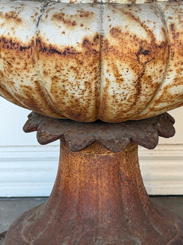 Antique French Cast Iron Garden Urn, Distressed Patina, 19th Century