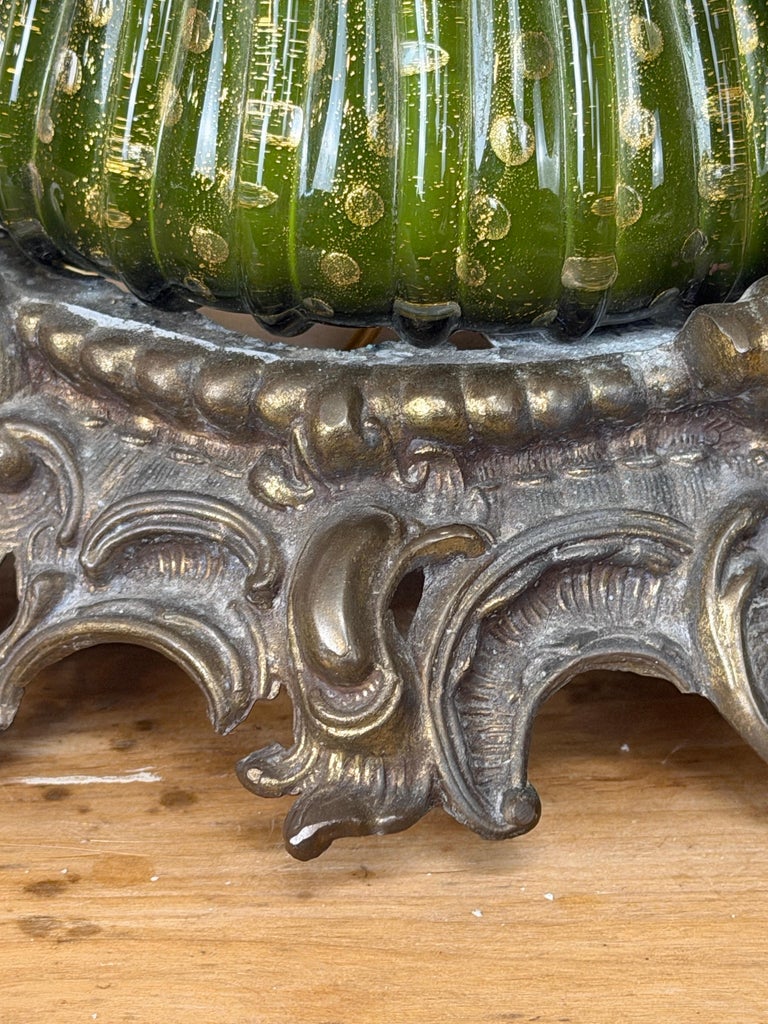 Pair of Vintage Murano Glass Table Lamps - Barovier &amp; Toso Style Olive Green
